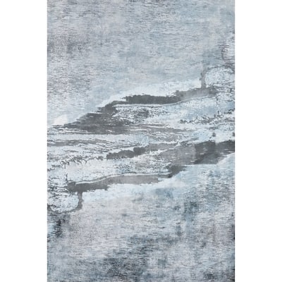 Hand Knotted Oriental Viscose Silk Carpet Modern Pictorial Navy Blue & Blues Abstract Area Rug - 7' 6'' X 5' 8''