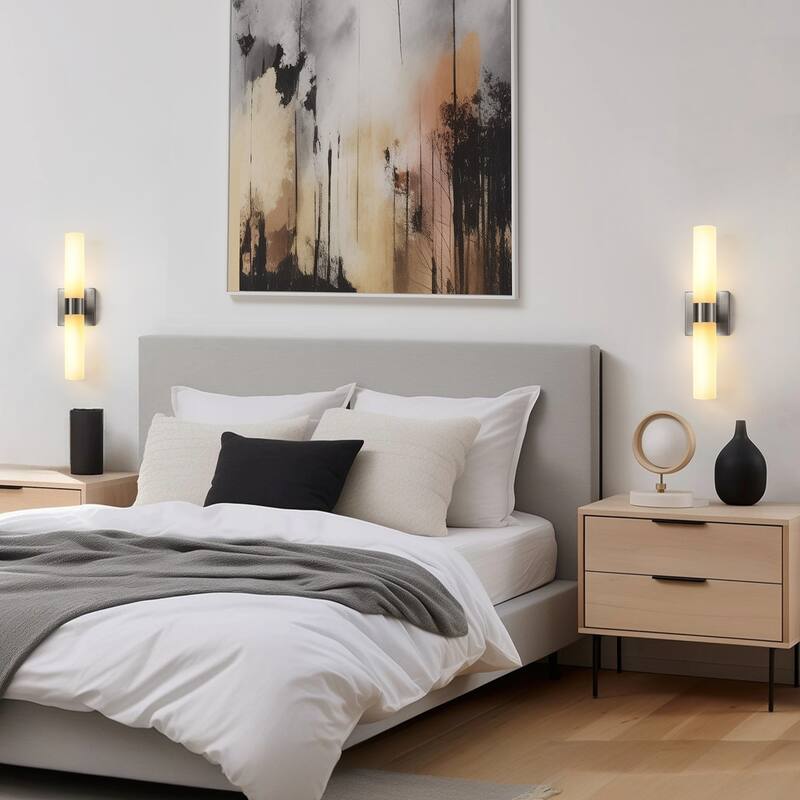 2-Pack Satin Nickel Double Linear Wall Sconce, White Glass Shades with E12 Base - 2.3*2.3*17.7