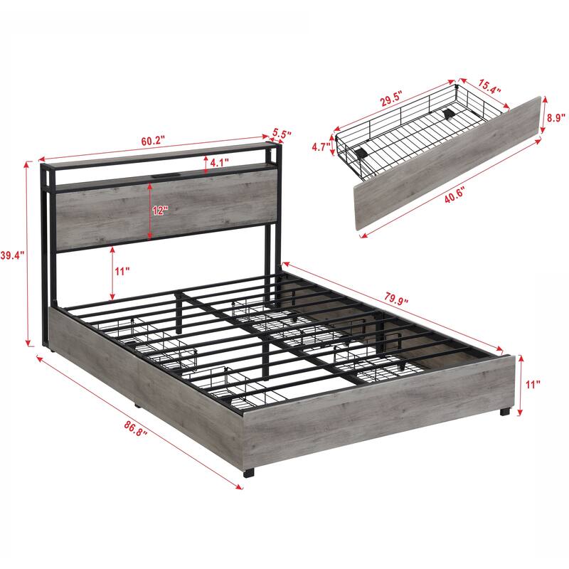 Noise Free Metal Bed Frame with 4 Drawers, Wooden Headboard, LED Lights, Charging Station, Easy Assembly,Antique Gray - Queen