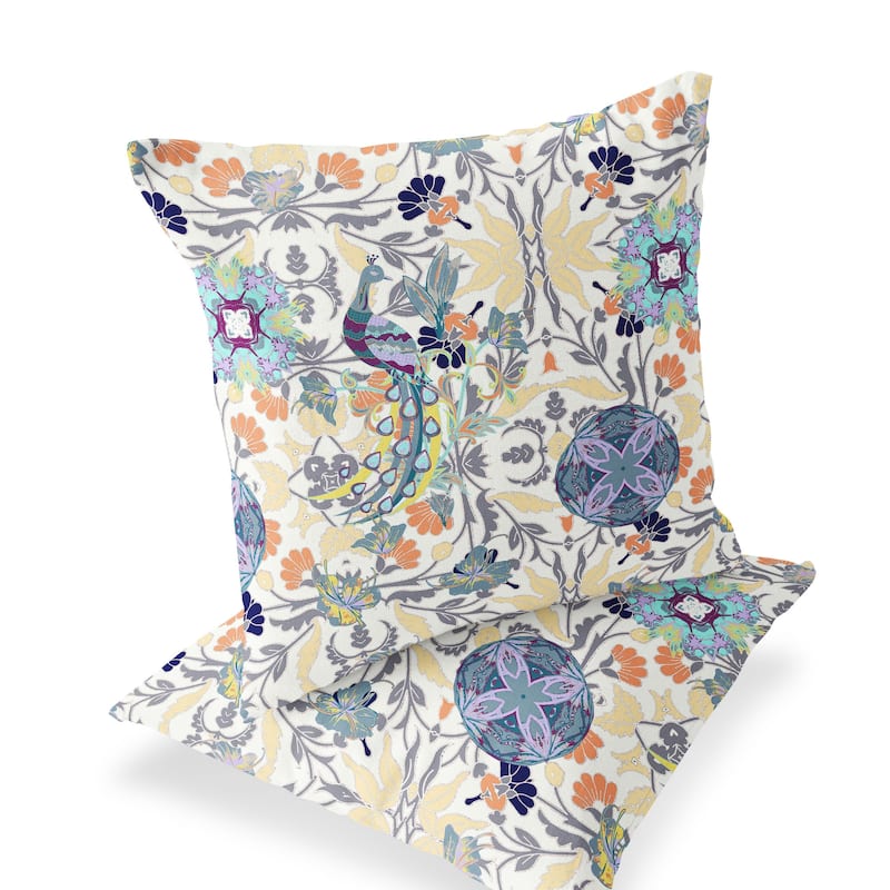 HomeRoots Set of Two 16" X 16" Yellow and White Peacock Blown Seam Eclectic Indoor Outdoor Throw Pillows