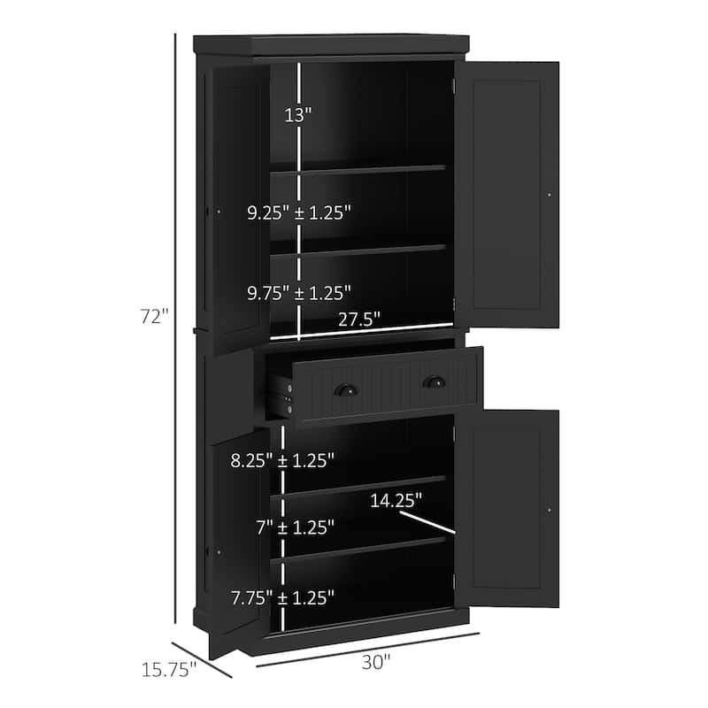 72" Kitchen Pantry, Tall Storage Cabinet, Freestanding Cupboard with Drawer, Doors and Adjustable Shelves, Black