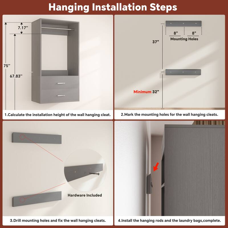 Closet System with 2 Sets, 154'' Walk-in Closet Organizer System with 2 Drawers & 8 Hanging Rods & 6 Reversible Shelf Towers