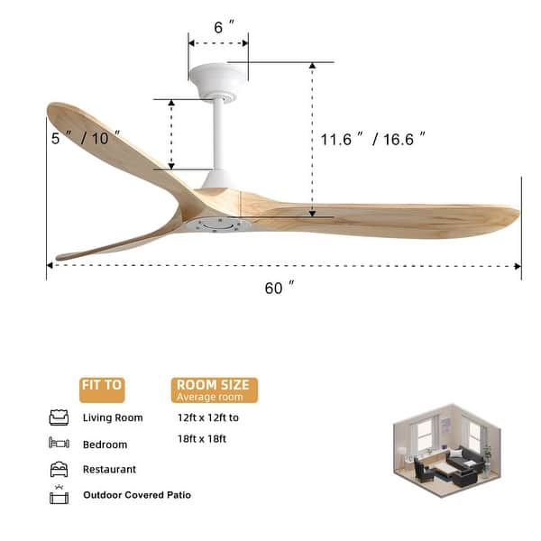 dimension image slide 13 of 15, Sofucor 52''/60" Large Ceiling Fan without Lights, Remote Control and Reversible Motor Included, Smart Optinal