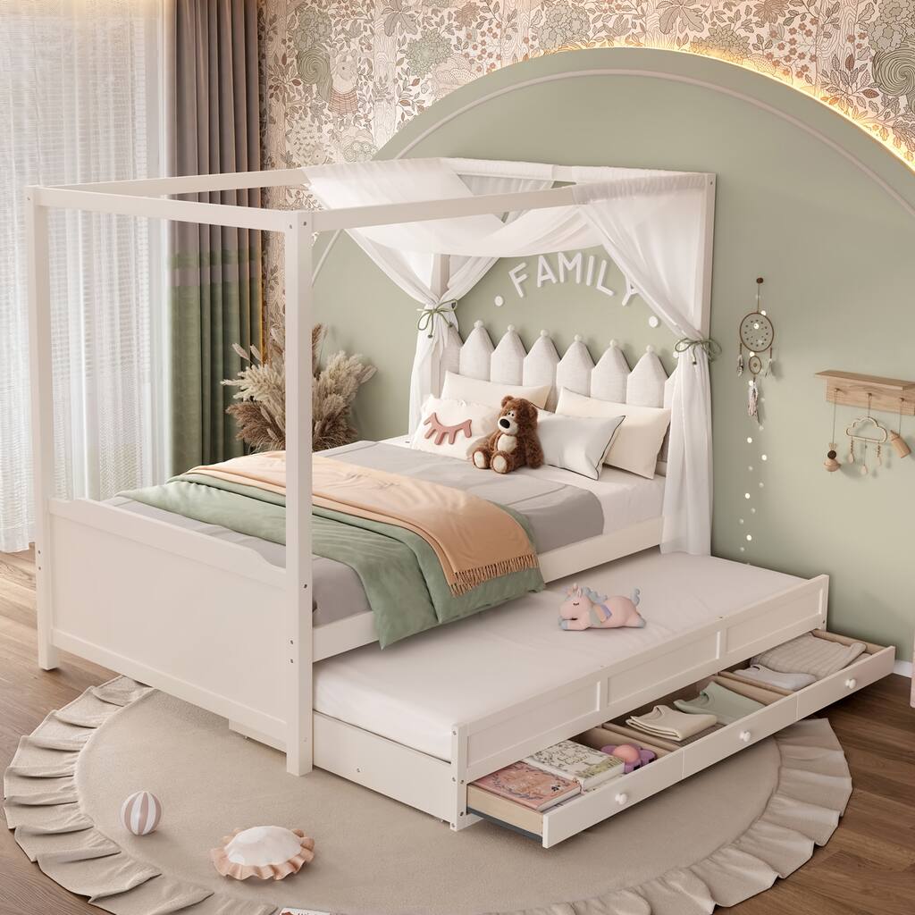 Princess Canopy Bed Upholstered Platform Bed withTrundle, Crown Headboard and 3 Underbed Storage Drawers for Kids