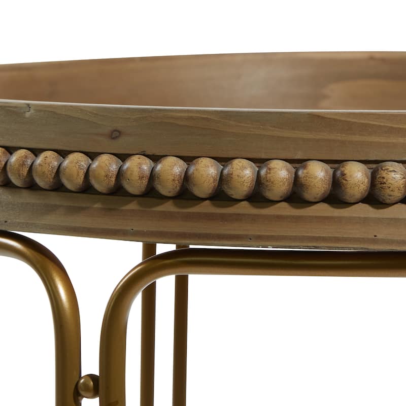 Wooden Round Beaded Nesting Accent Table - Set of 2 Brown - Roche River Decor - 24"Wx24"Lx26"H