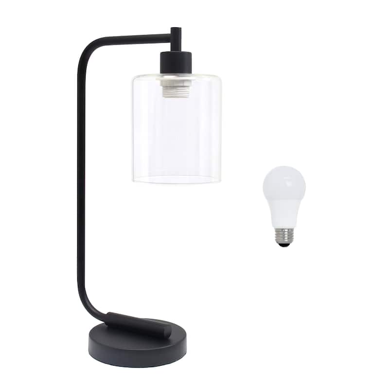 Simple Designs 18.8" Iron Lantern Desk Table Lamp with Glass Shade, Antique Brass, With LED Bulb - Black