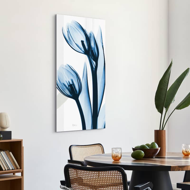 "Two Blue Tulips" Frameless Free Floating Tempered Glass Panel Graphic Wall Art