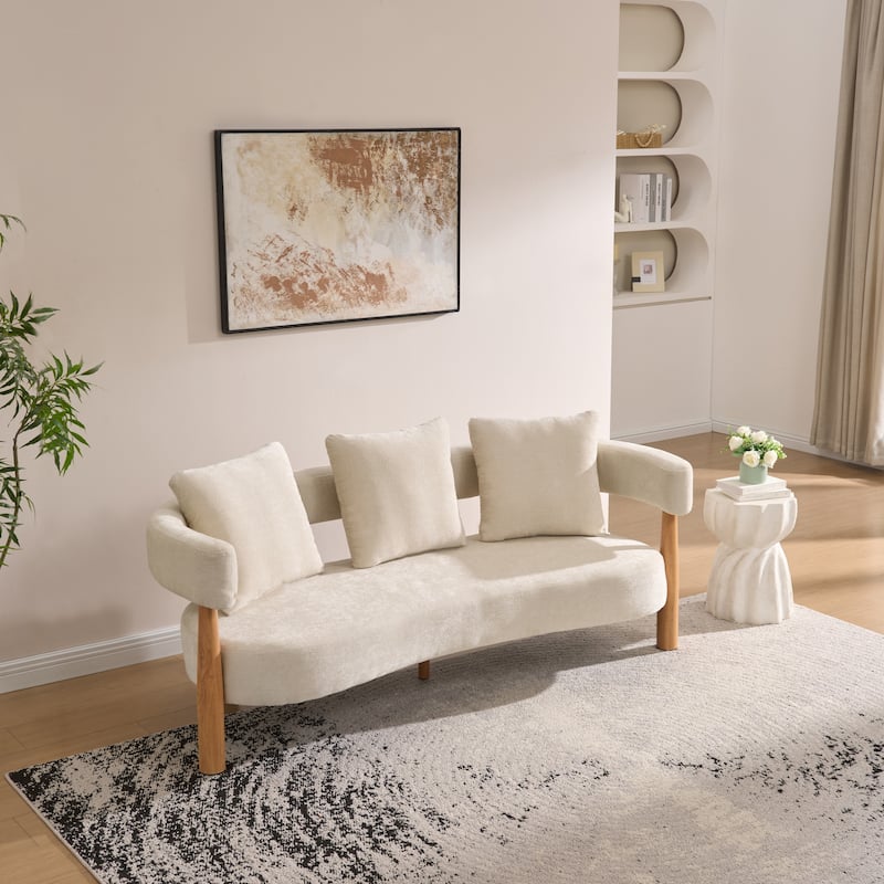 Luxe Modern Upholstered Curved 3-Seater Sofa with Wooden and Metal Legs - Beige