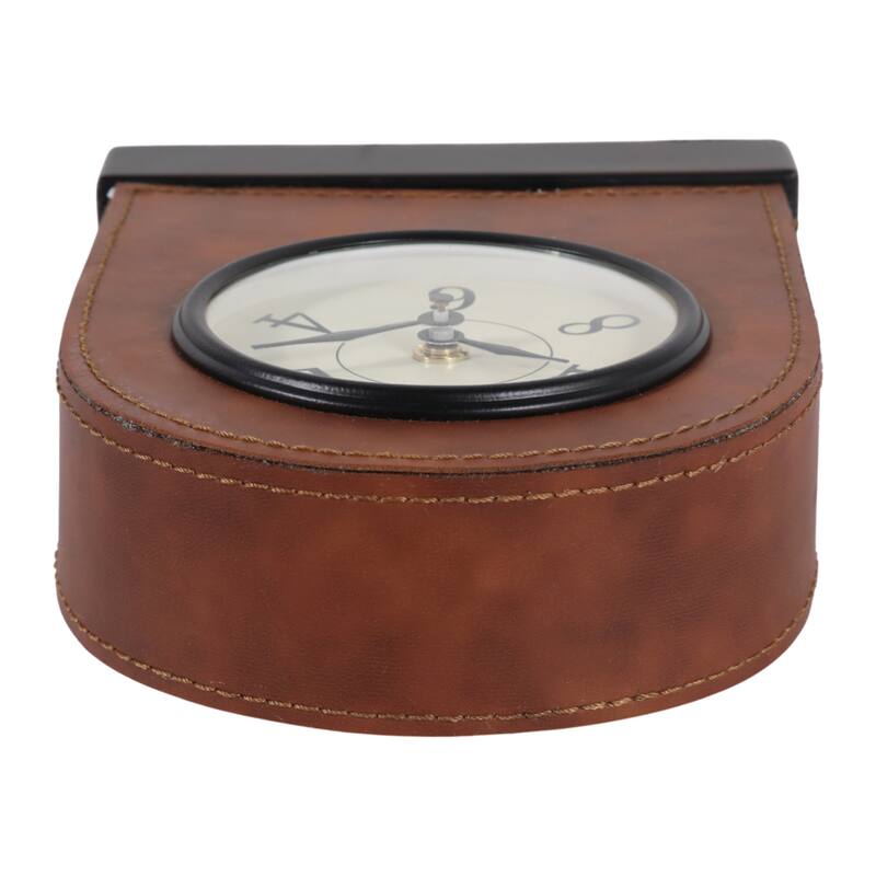 Iron Faux Leather Desk Clock Modern Casual - 8" Brown/White - 6.25" x 2.25" x 8.25"
