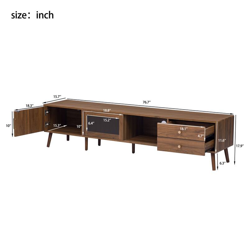 76" Minimal Glass-Doors TV Stand up to 85 Inches,Wood-Grain Entertainment Center with Storage Cabinets,TV Media Console Table
