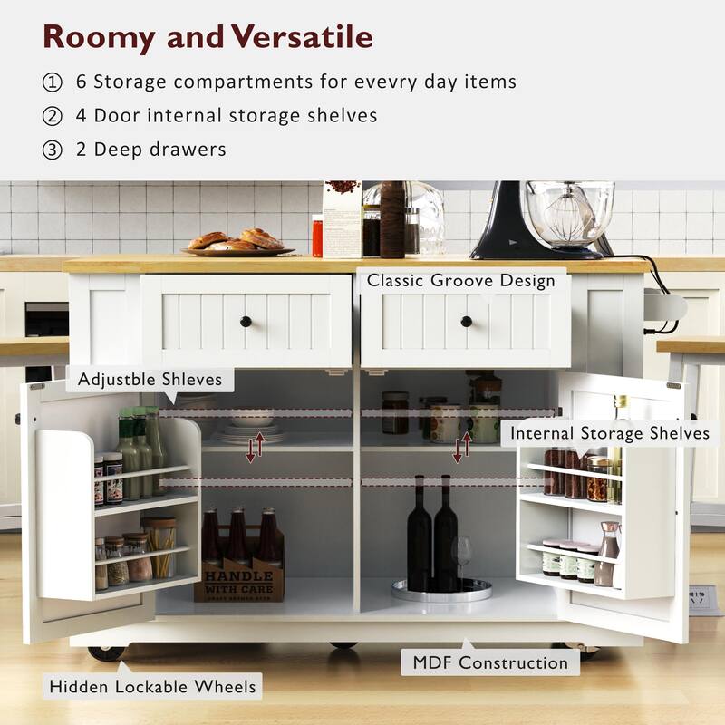 Rolling Kitchen Storage Cart on 5 Wheels with Drop Leaf,Power Outlet,Open Side Racks