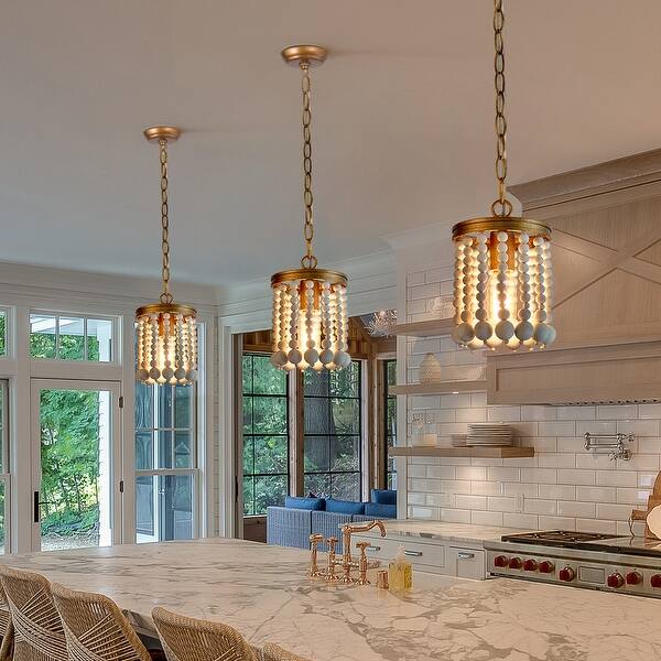 slide 2 of 10, Coasa Boho Glam Wood Beads Pendant Lights Distressed White Cylinder Draped Island Light - D6'' x H69'' D6'' x H69'' - White Beads