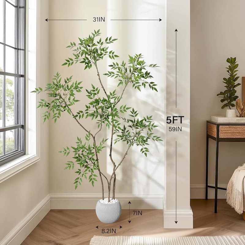 Artificial Plants Indoor, 5FT Tall Faux Floor Plant in Pot, Nandina Artificial Tree with Grey Planter