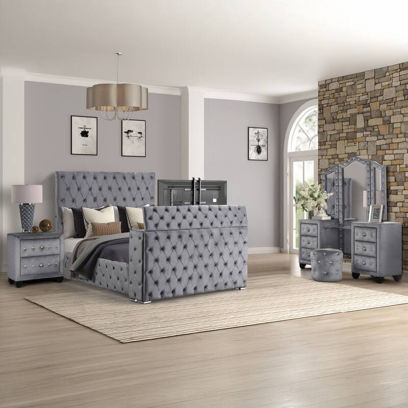 Encore King / Queen 4PC / 5PCS Vanity Bedroom Set in Beige / Black / Gray - Grey - Queen - 4 Piece