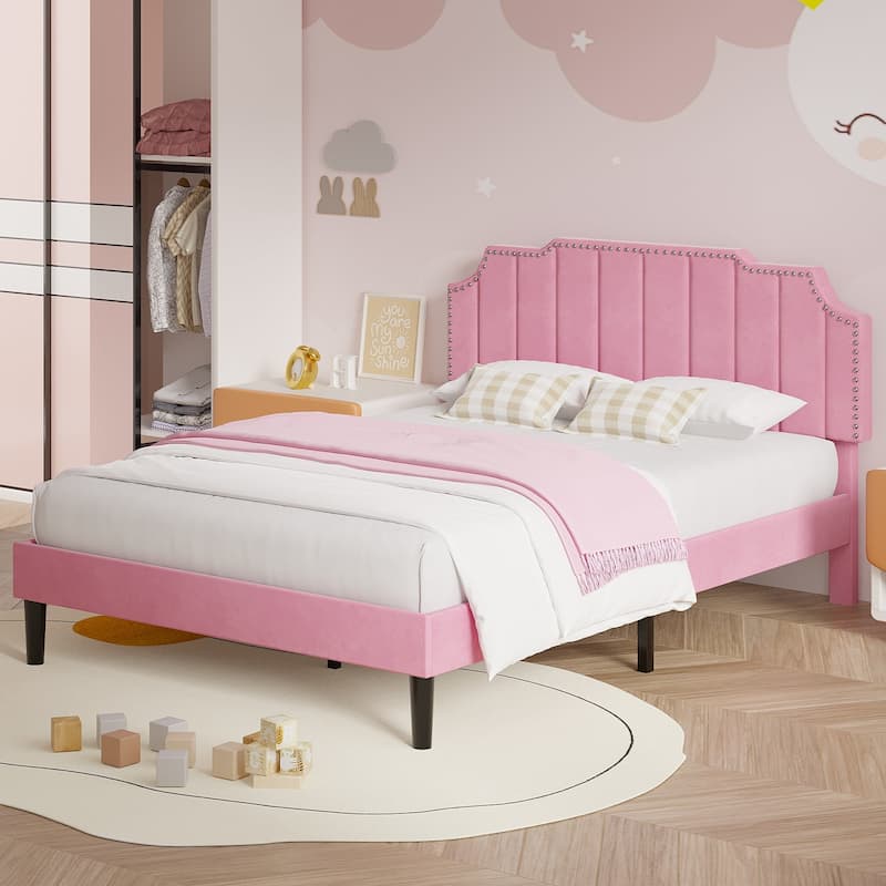 VECELO Upholstered Bed Frame with Nailhead Trim Adjustable Height Headboard, Twin/Full/Queen Size Bedframes