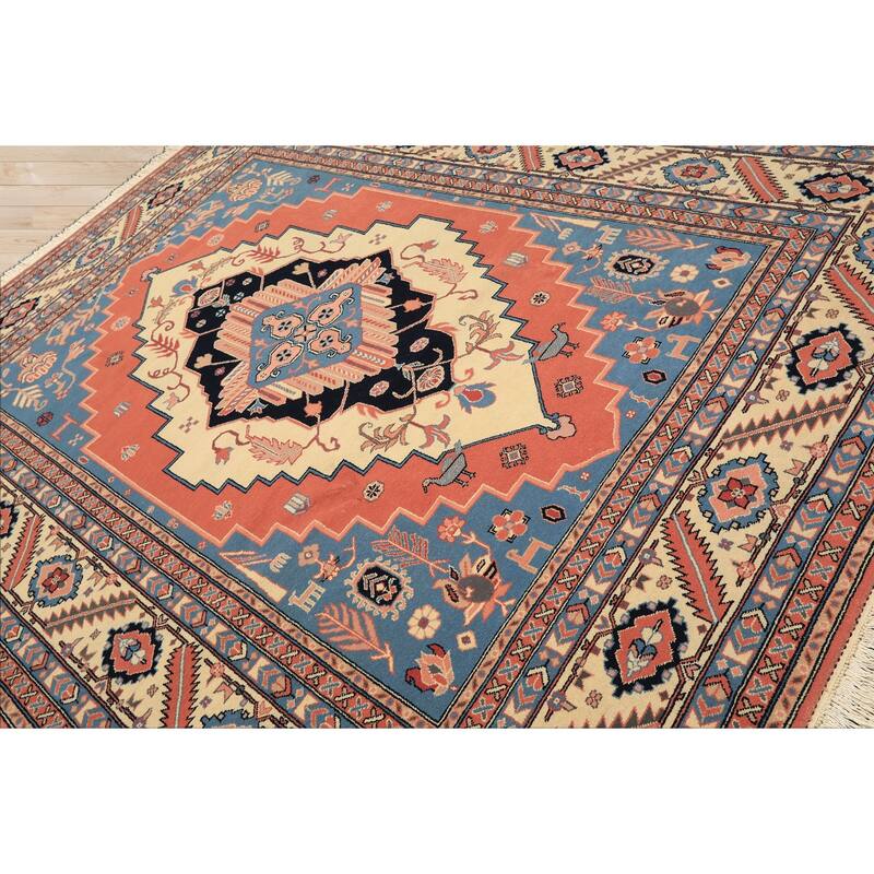 7'11''x10 Hand Knotted Wool Salmon Heriz Traditional Medallion Area Rug - 7' 11'' x 10'