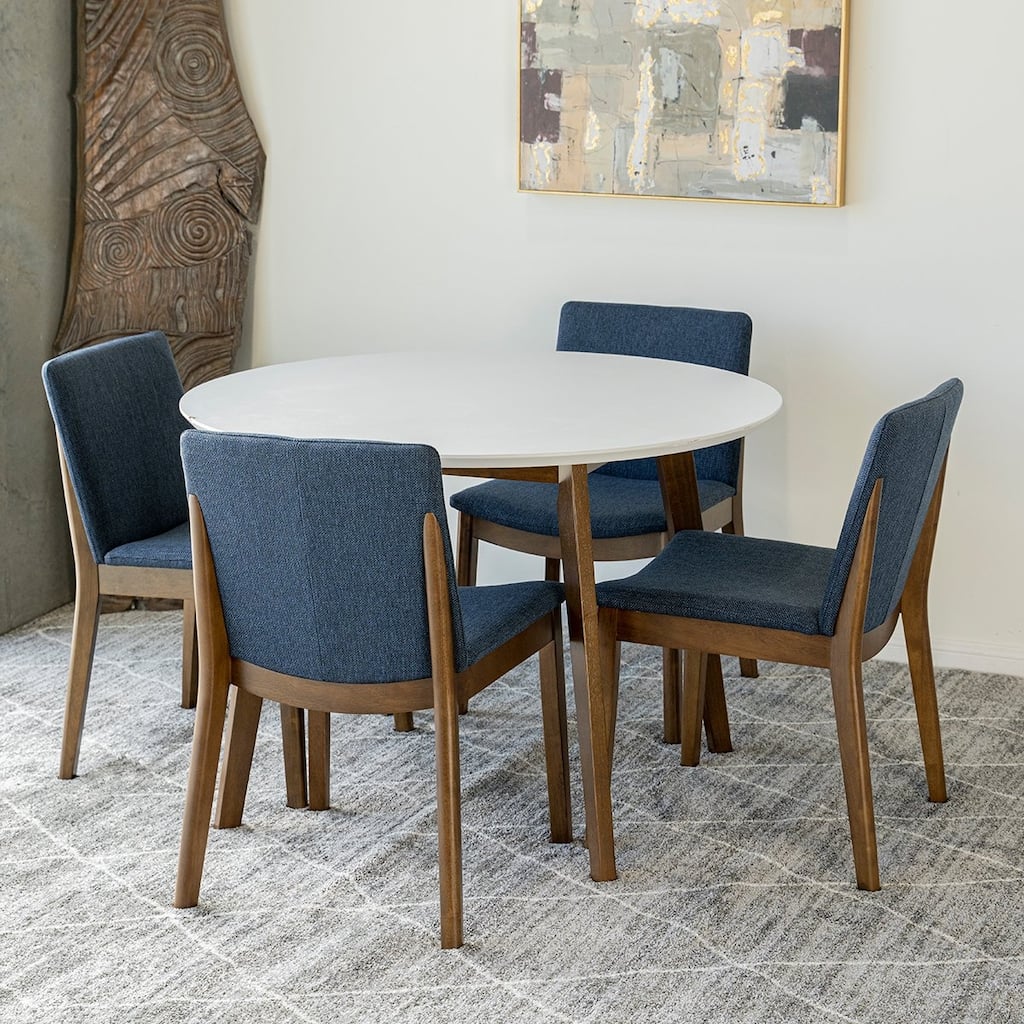 Colette 5-Piece Mid-Century Modern Dining Set w/4 Linen Dining Chairs in Blue