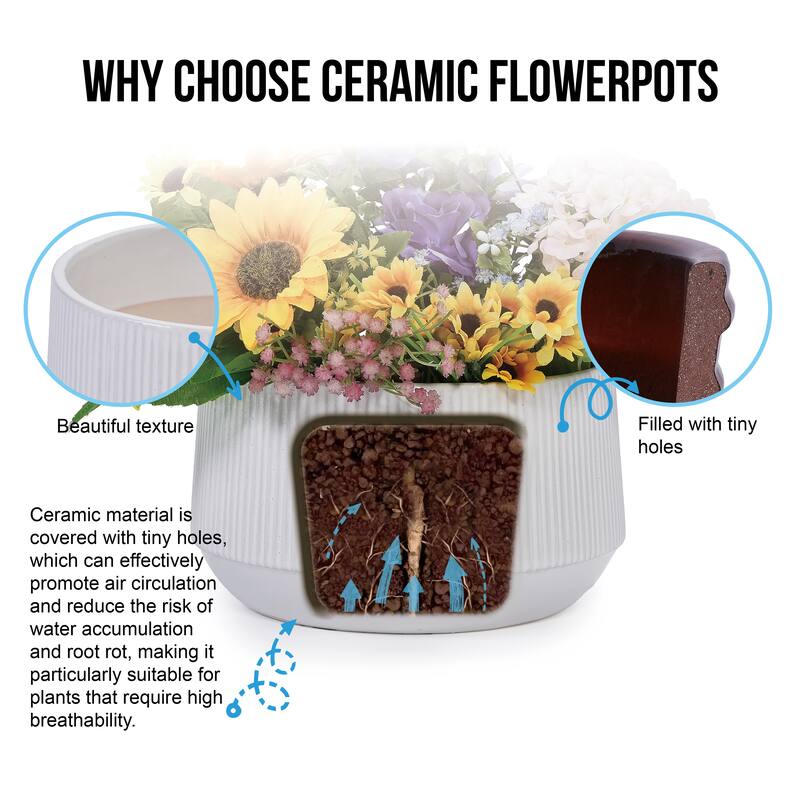 Set 2 Non-Porous Matte White Ribbed Ceramic Planter for Aquatic Plants