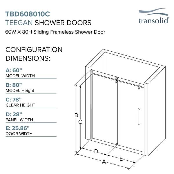 dimension image slide 2 of 4, Transolid TBD608010L-S 80" High x 59" Wide Bypass Frameless Shower