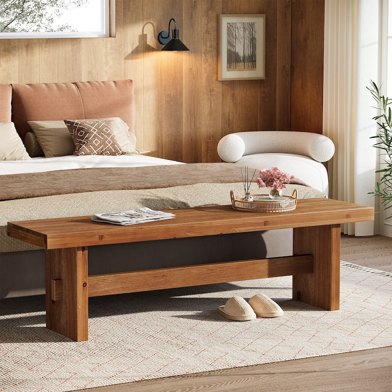 63" Long Solid Wood Entryway Bench, Farmhouse Indoor End of Bed Bench - Brown