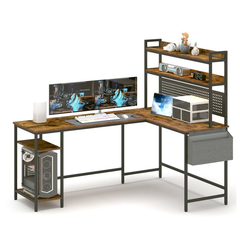 L Shaped Office Desk, Reversible Corner Computer Desk with Power Outlet and LED Light, Gaming Desk with Storage Shelf - Brown