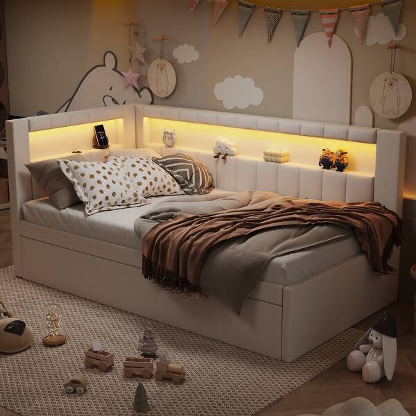 slide 2 of 5, Twin Size Upholstered Platform Bed Daybed with USB Ports, LED Belt and Trundle White