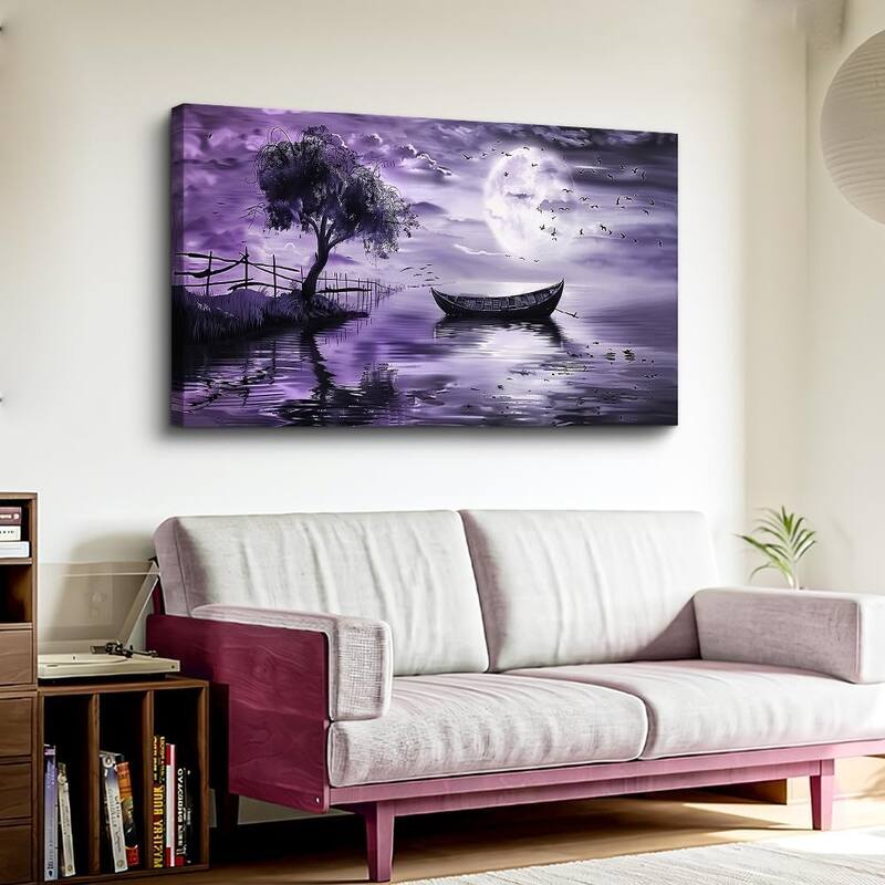 Modern Purple Lake View Wall Pictures Artwork - 24 x 48