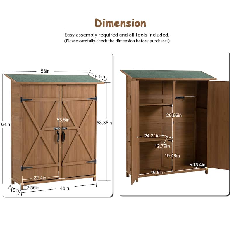 56"L x 19.5"W x 64"H Outdoor Storage Shed with Lockable Door, Wooden Tool Storage Shed w/Detachable Shelves & Pitch Roof