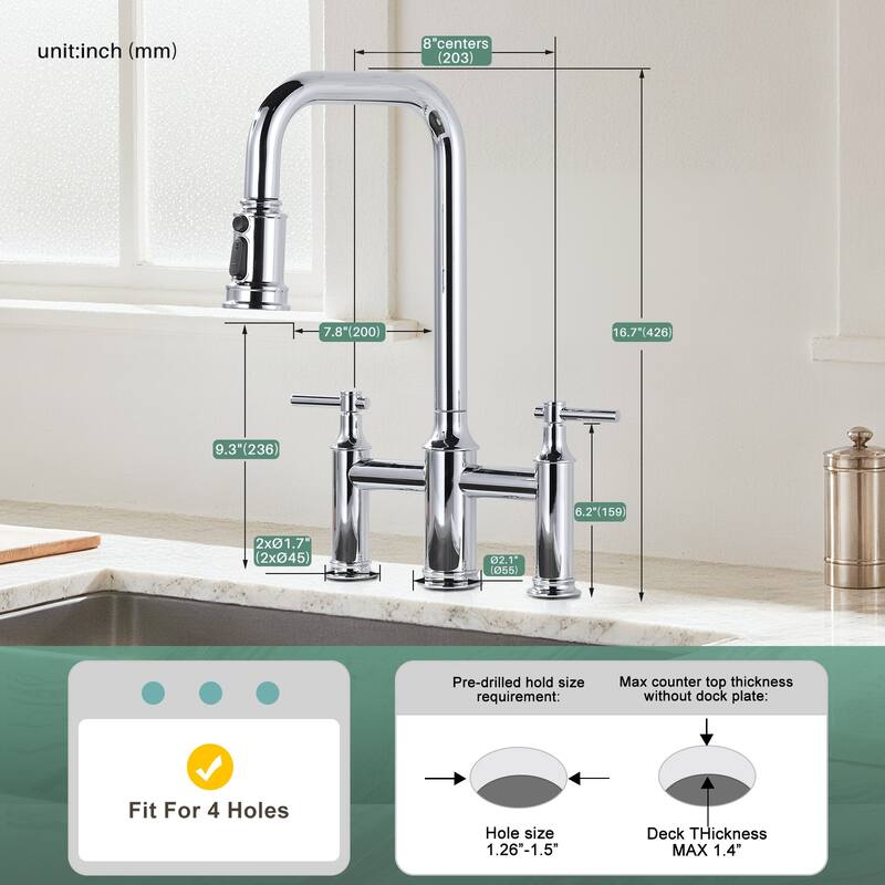 WOWOW Double Handle Bridge Kitchen Faucet with Advanced Spray