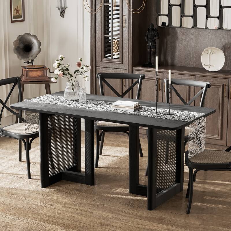 Farmhouse Kitchen Dining Room Table Furniture Square Kitchen Table with Rattan Woven Legs for Kitchen Bar Living Room