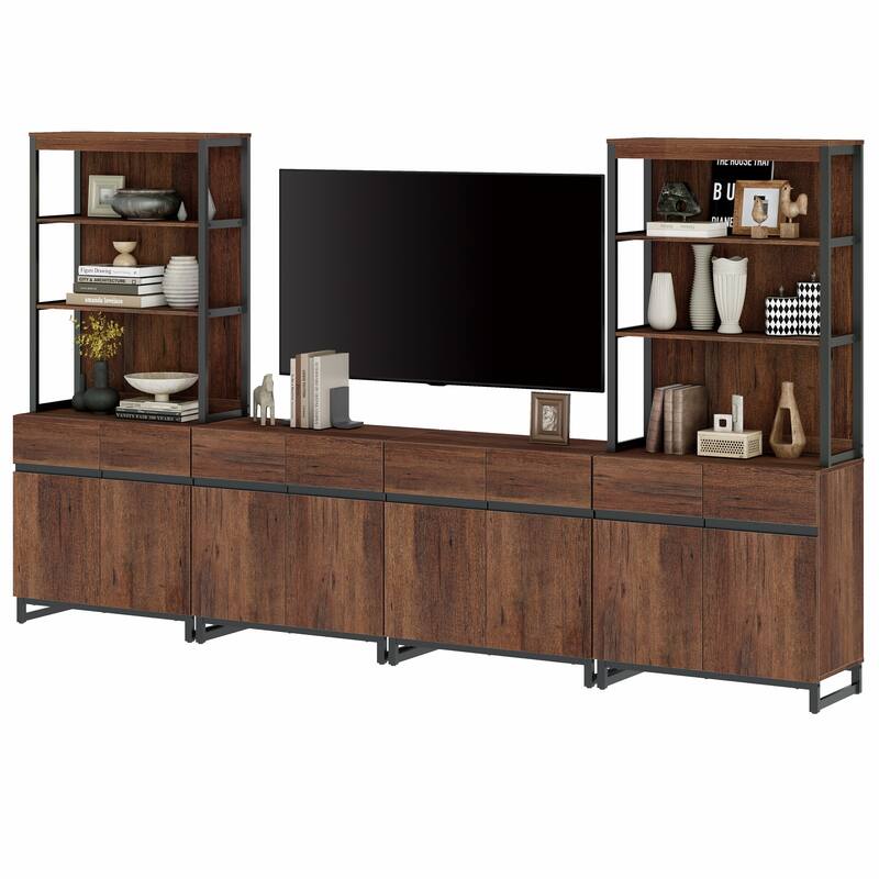 WAMPAT Modern TV Stand with 3 Tiers Bookshelf, Farmhouse Entertainment Center with 4 Large Storage Cabinets and Adjustable Shelf