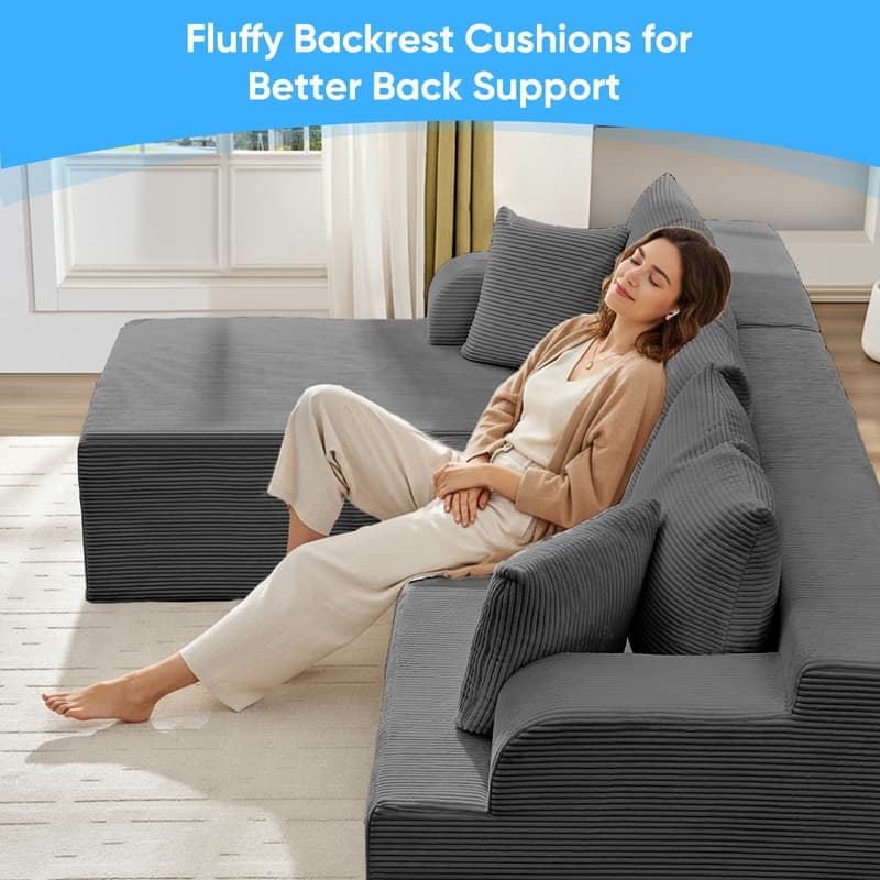 Mixoy 2-Pcs Free Combination Modular Sectional Sofas with Deep Seat,Corduroy L-Shaped Sofa with Chaise Lounge - 3-Seater