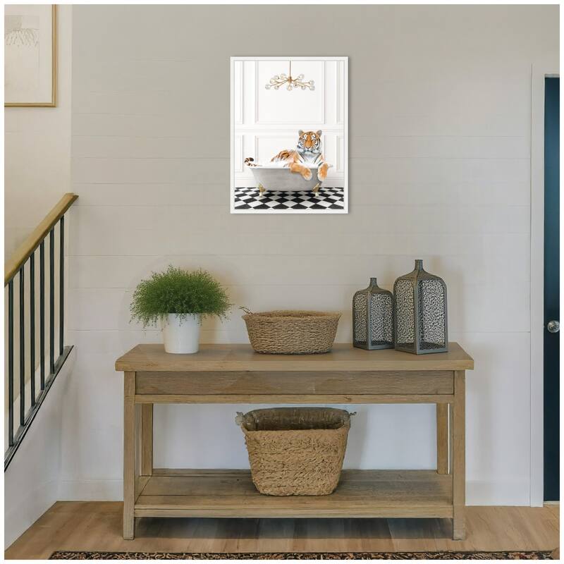 Kate and Laurel Sylvie Tiger in Gray Bathtub Checker Floor Framed Canvas by Amy Peterson