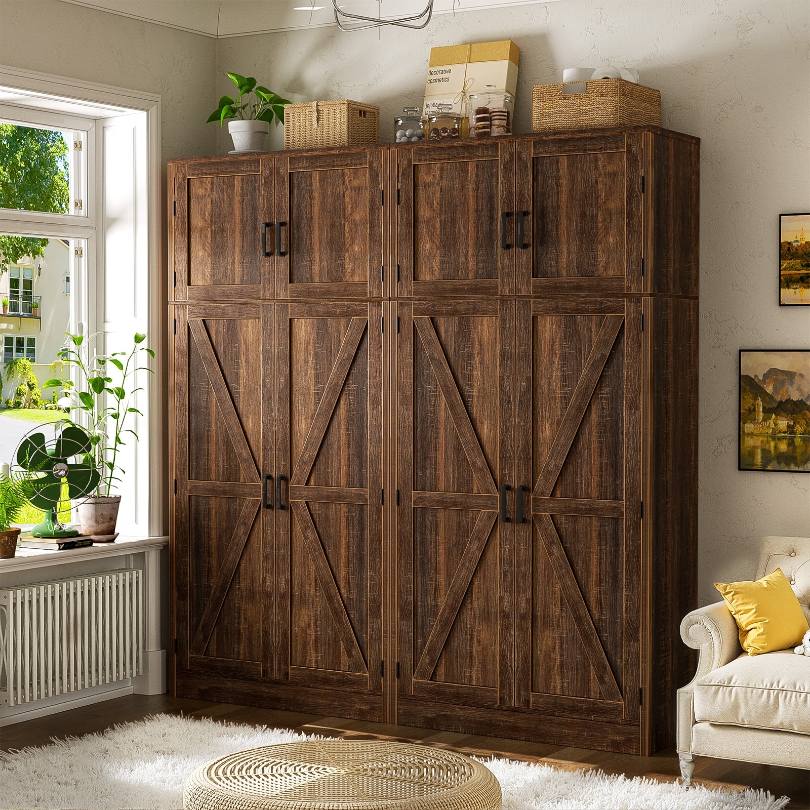 Farmhouse Kitchen Pantry Cabinet with 4 Barn Doors, 71'' Tall Storage Wardrobe Organizer Bathroom Cabinet