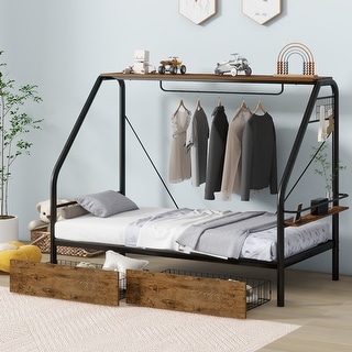 Metal Platform Bed with Clothes Rack, Storage Shelves, Drawers - Black