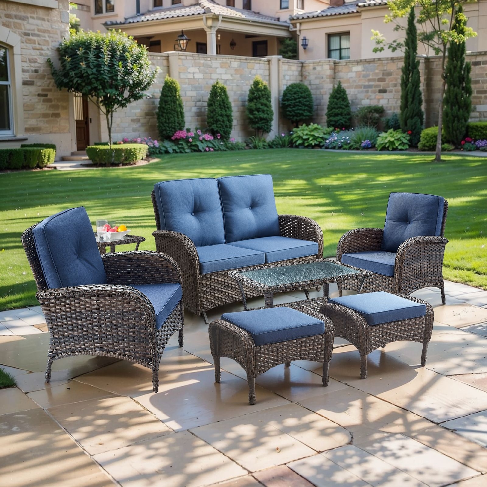 Pocassy 7 Pieces Glider Sofa with Patio Chairs Ottomans Table