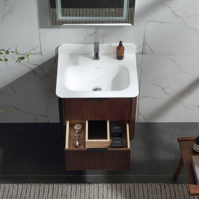 Modland Fluted Floating Vanity with Sink, Plywood Wall Mount Cabinet, Curved Edge, 24/30/36 Inch