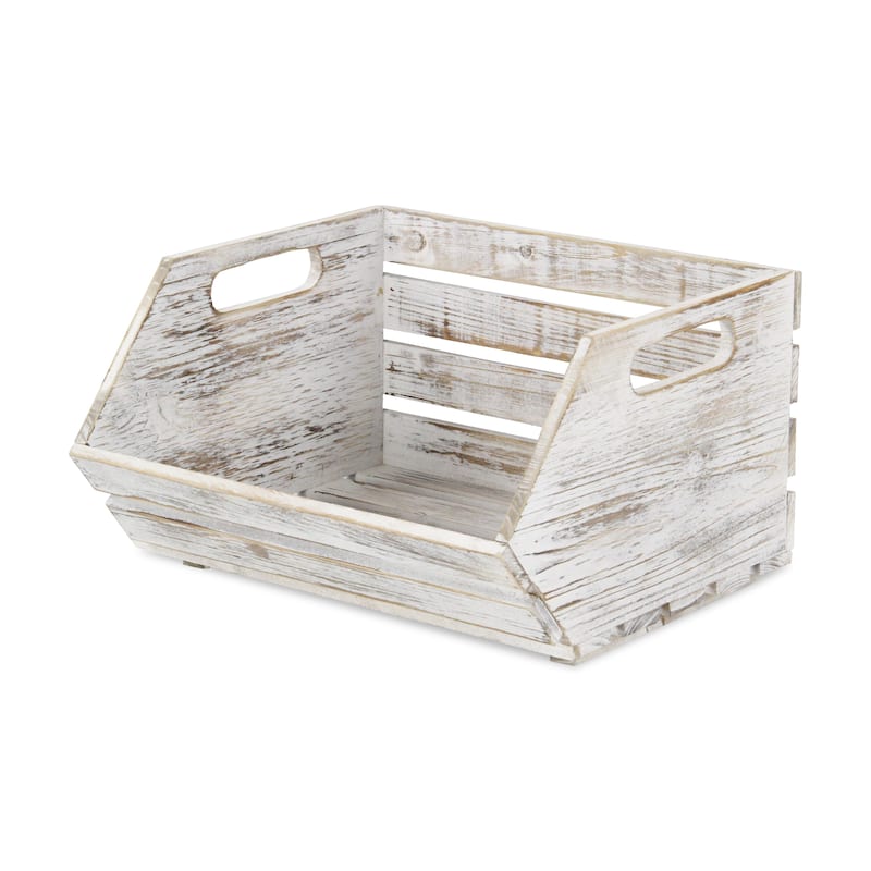 Gray Wash Slatted Wood Stackable Storage with Side Handles - L: 13" x W: 11.5" x H: 7" x FH: 3"