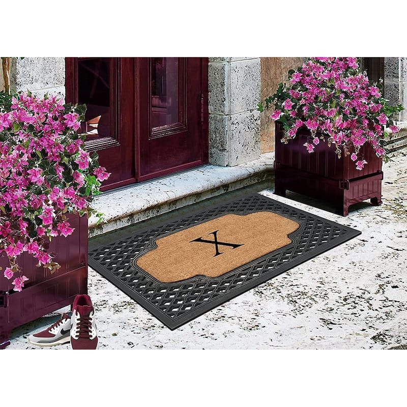 A1HC Mesh Border Rubber and Coir Large Heavy-Duty Outdoor Monogrammed Doormat, 23"X38" Black