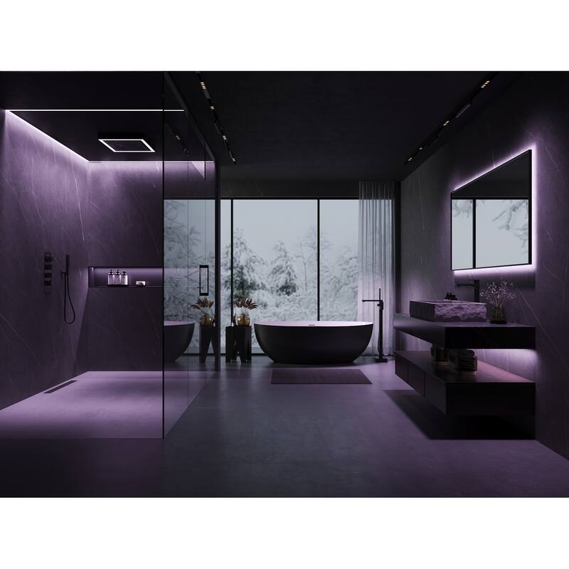 GRANDJOY Thermostatic LED Rain and Waterfall Shower System with Handheld, Built-In Music Function