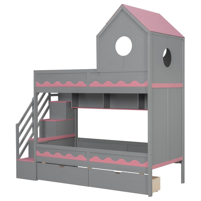 Twin Over Twin Bunk Bed with Stairs, LED Lights, Storage Drawers, House Shaped Wood Loft Bed with Guardrail
