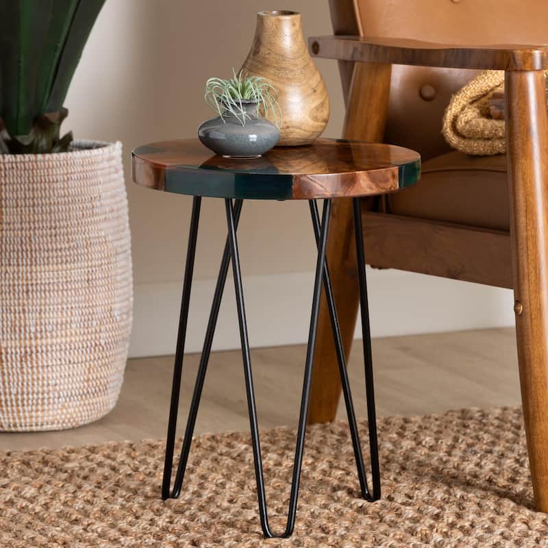 Anan Teak Wood Epoxy Resin End Table - Round Live Edge Side Table with Black Metal Legs, Handcrafted Modern Rustic Accent Table