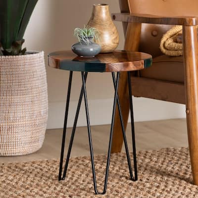 Anan Teak Wood Epoxy Resin End Table - Round Live Edge Side Table with Black Metal Legs, Handcrafted Modern Rustic Accent Table