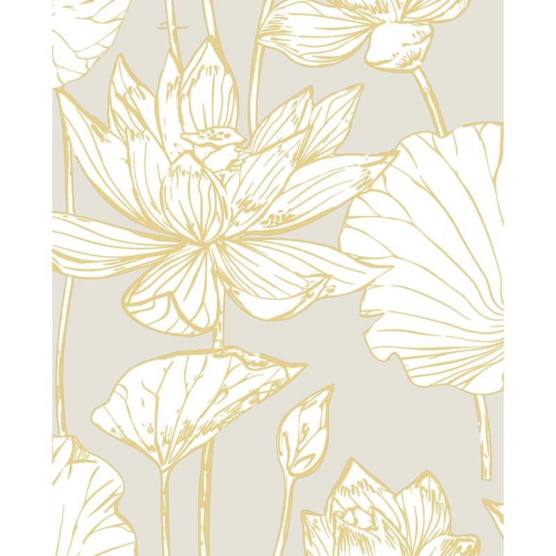 Seabrook Designs Lotus Floral Prepasted Wallpaper - 20.5 in. W x 33 ft. L - 20.5 in. W x 33 ft. L - Grey & Gold