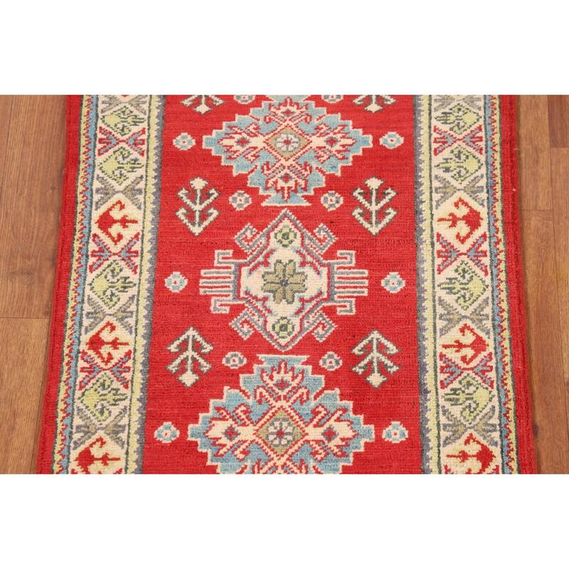 Red Geometric Kazak Oriental Runner Rug Handmade Wool Carpet - 2'1" x 5'10"