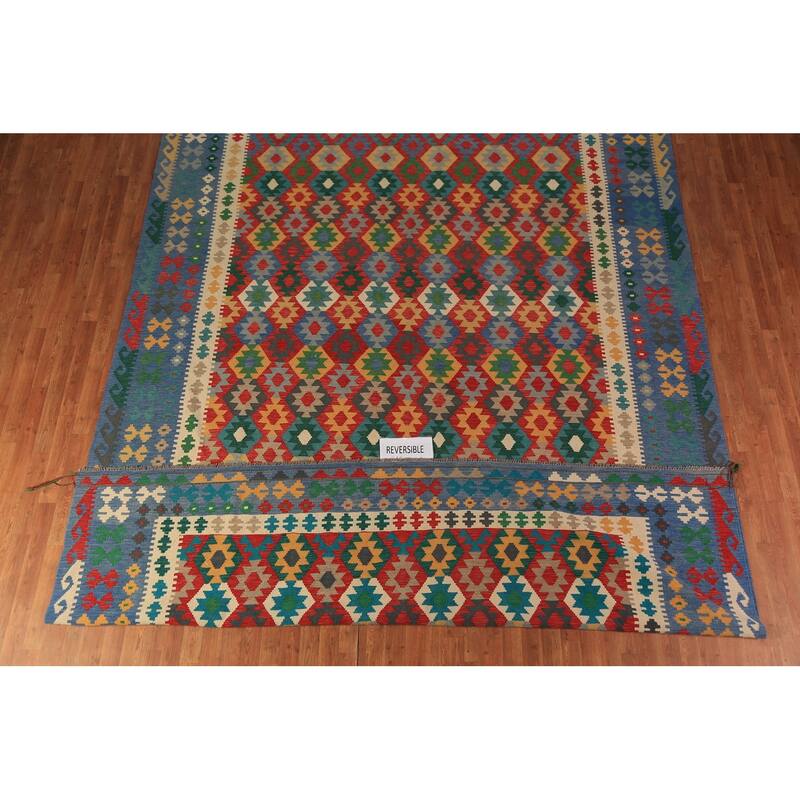 Palace Size Geometric Kilim Oriental Rug Hand-Woven Wool Carpet - 9'10"x 16'0"