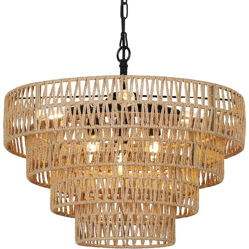 Rattan Chandelier, 6-Light Dining Room Light Fixture, Wicker Pendant Lighting with 4-Tier Woven Lampshade, Ceiling Lamp