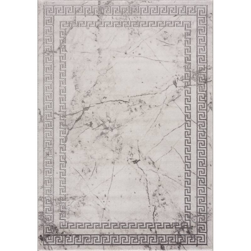 La Dole Rugs Silver Grey Ivory Abstract Marble Bordered Modern Greek Area Rug For Living Room Bedroom Hallway Runner