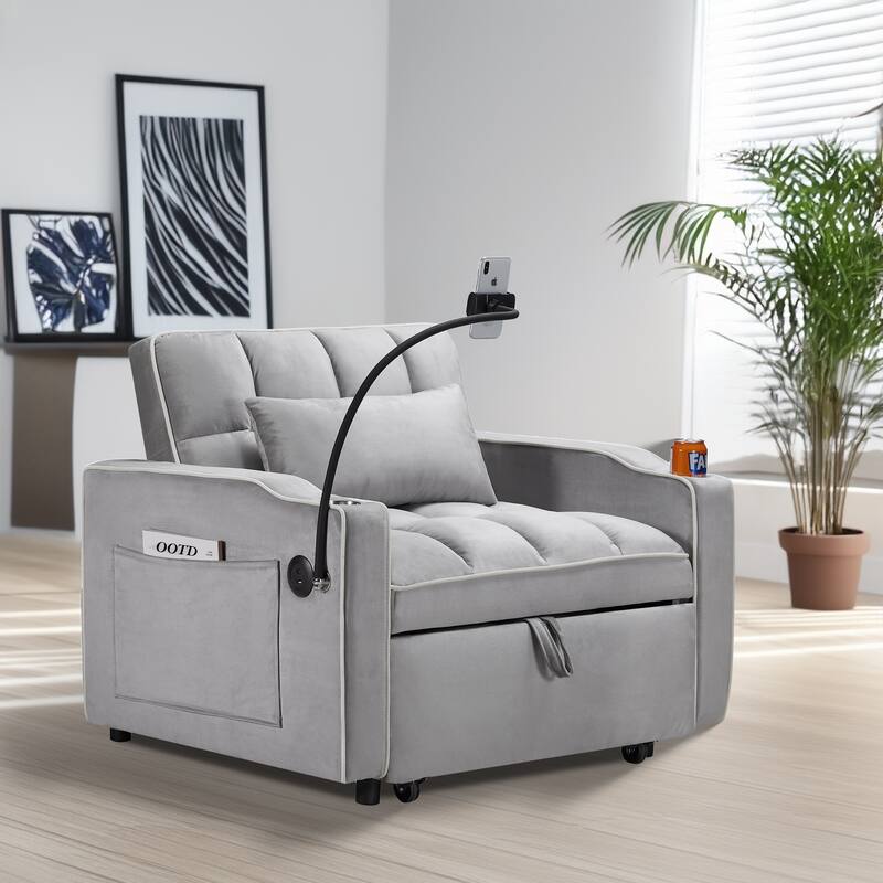 Grey Modern 35.83" 3 in 1 Velvet Single Convertible Sofa Bed with Adjustable Back and USB Charging Port for Living Room