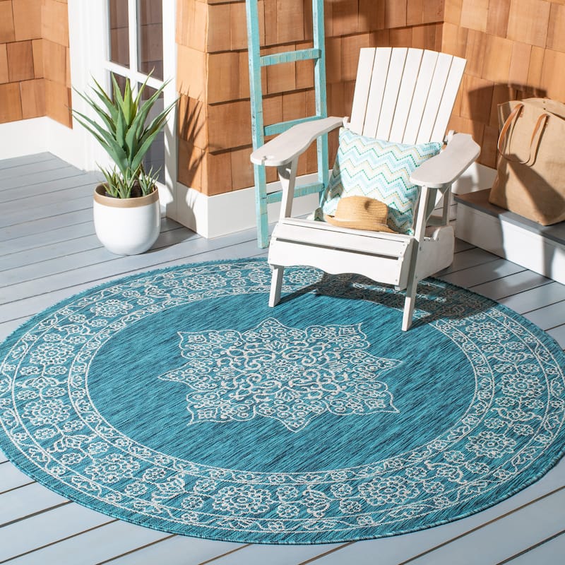 SAFAVIEH Courtyard Maralyn Indoor/ Outdoor Waterproof Patio Backyard Rug - 6'7" x 6'7" Round - Teal/Ivory